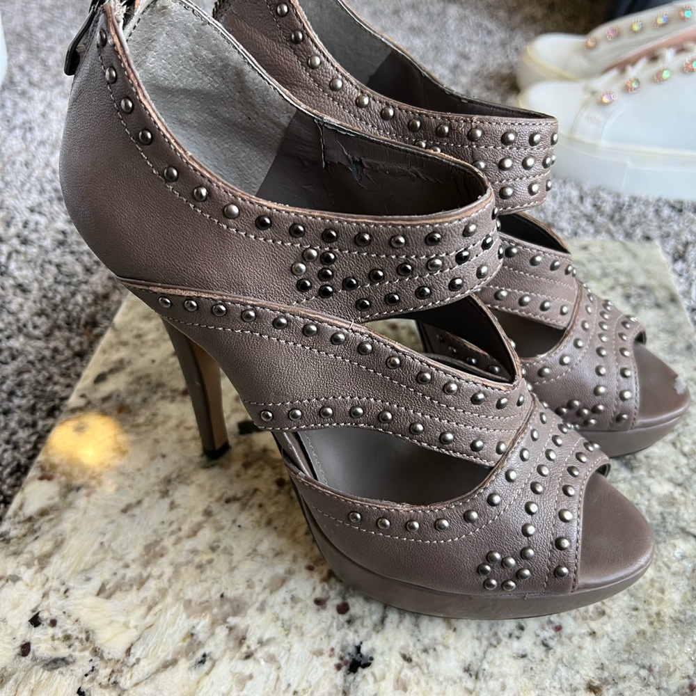 Beige Vince Camuto Studded Peep-Toe Heels